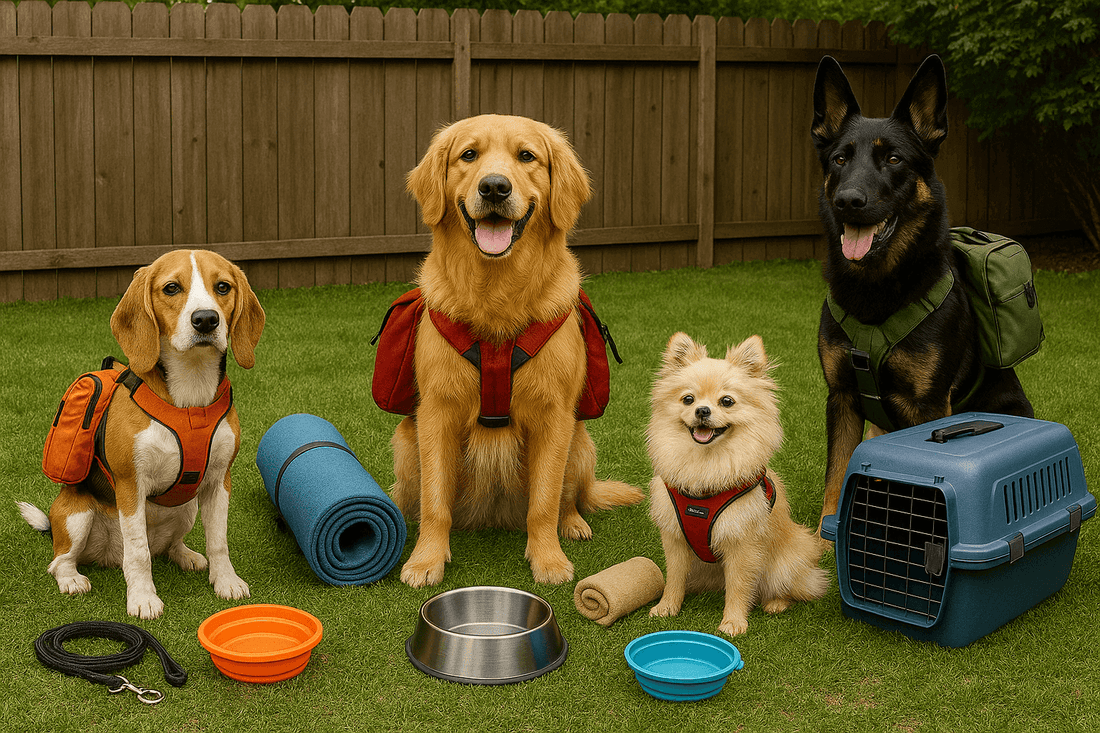 Four dogs with supplies like bowls, leashes, and carriers, showcasing essential pet gear for indoor and outdoor activities.