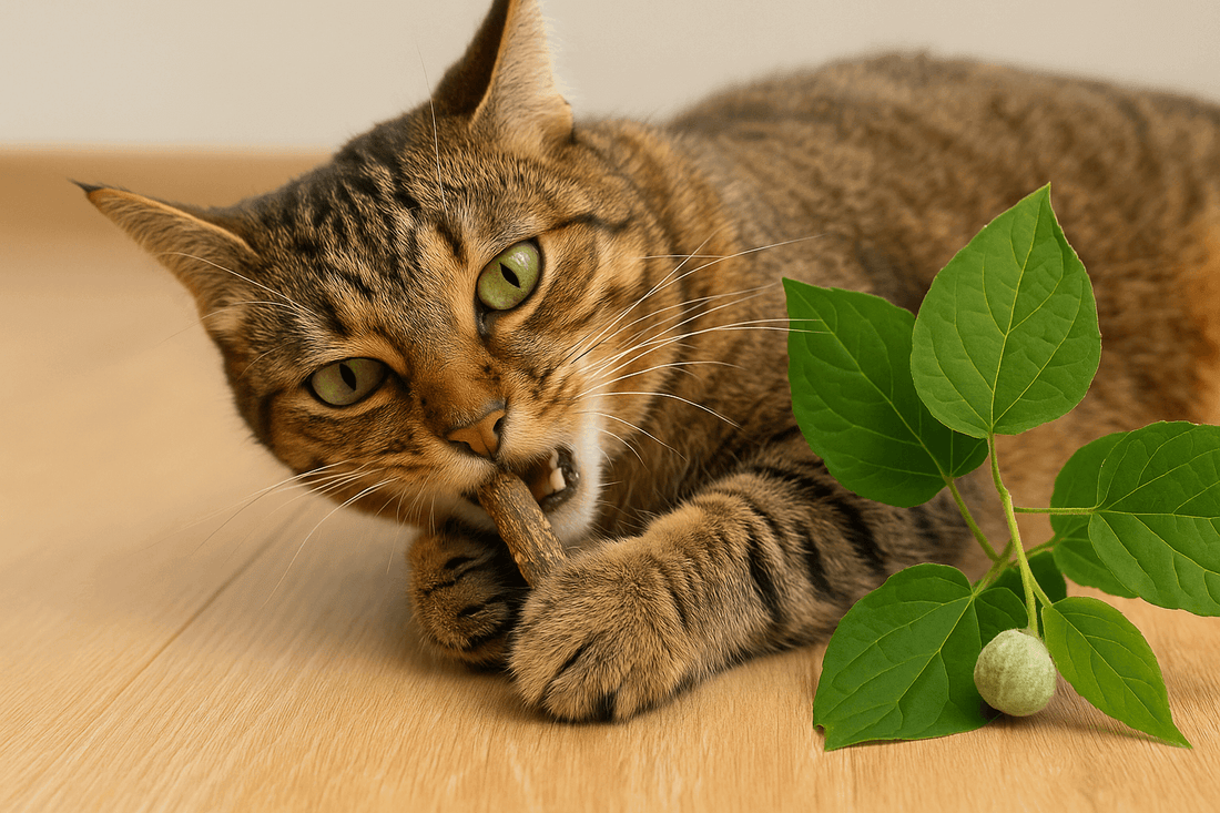 Tabby cat chewing on a matatabi stick beside green leaves on a wooden floor.