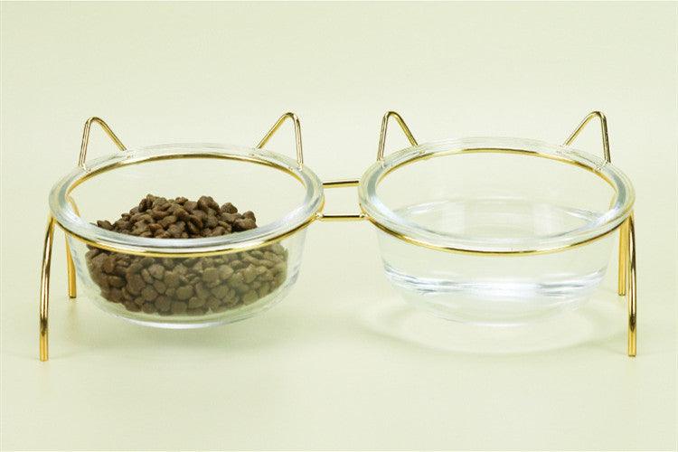 Sparkling Glass Cat Bowl With Elevated Metal Rack - Stylish And Functional Pet Feeder-2